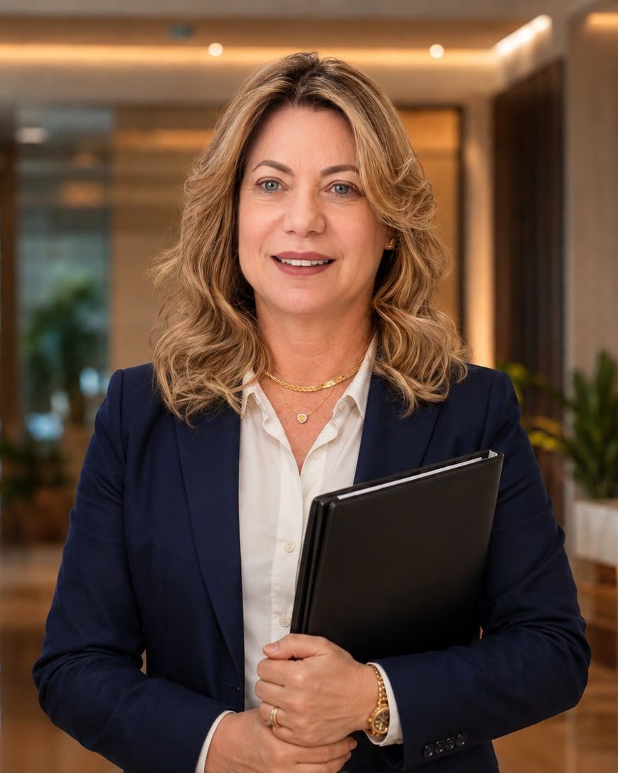 Monica Souza, síndica profissional, no hall de um condomínio segurando uma pasta de documentos